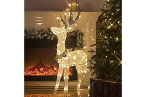 EAMBRITE 48” 70 LT Pre-Lit Christmas Glittering Reindeer with Gold Jingle Bell and Twinkle Light Outdoor Holiday Mesh Standing Buck Deer Decorations for Home Lawn Yard Garden Indoor Outdoor Plug in