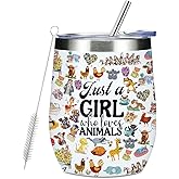 A Girl Loves Animals Animal Lovers Gifts for Women Wine Tumbler Friendship Christmas Birthday Gift for Women Animal Lovers Girls Sister Wine Glass Stainless Steel Insulated Travel Cup with Lid, 12oz
