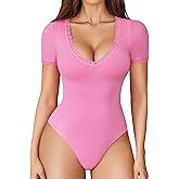 Avidlove Short Sleeve Bodysuit for Women Lace V Neck Body Suits Double Lined Bodysuits Sexy Going Out Top
