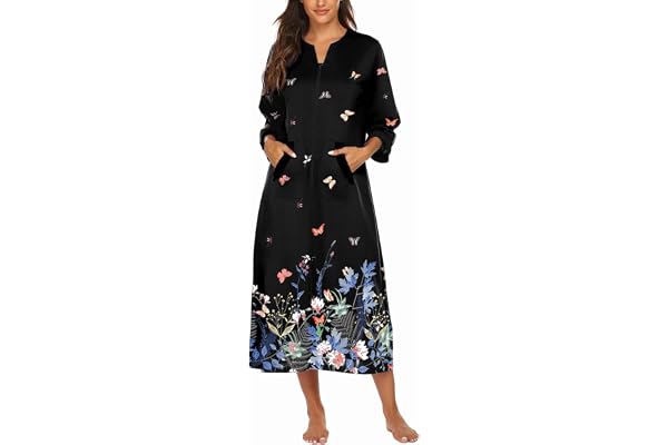 Ekouaer Women Zipper Robe 3/4 Sleeves Loungewear Full Length Sleepwear Pockets Housecoat Long Soft Bathrobe