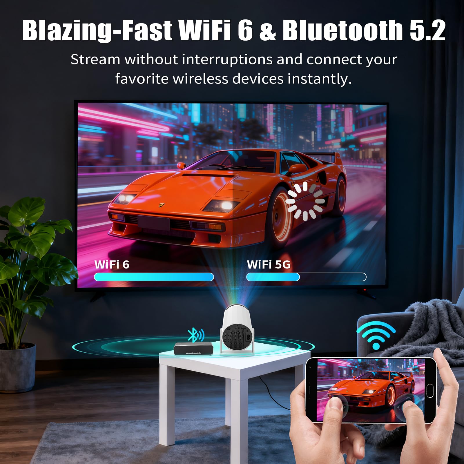 LJYT mini projector, 1080P Portable Projector, Support 4K，WiFi 6, Android 11 ,200 ANSI Lumens, Auto Keystone, Bluetooth 5.4, 210° Rotation, Compatible with TV Stick/HDMI/USB/Smartphone (White)