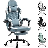 Gaming Chair with Footrest for Adults - Ergonomic Gaming Chairs with Foot Rest - Big and Tall Computer Game Chair - Fabric Reclining Video Game Chairs with Spring Cushion - Blue/Light Grey