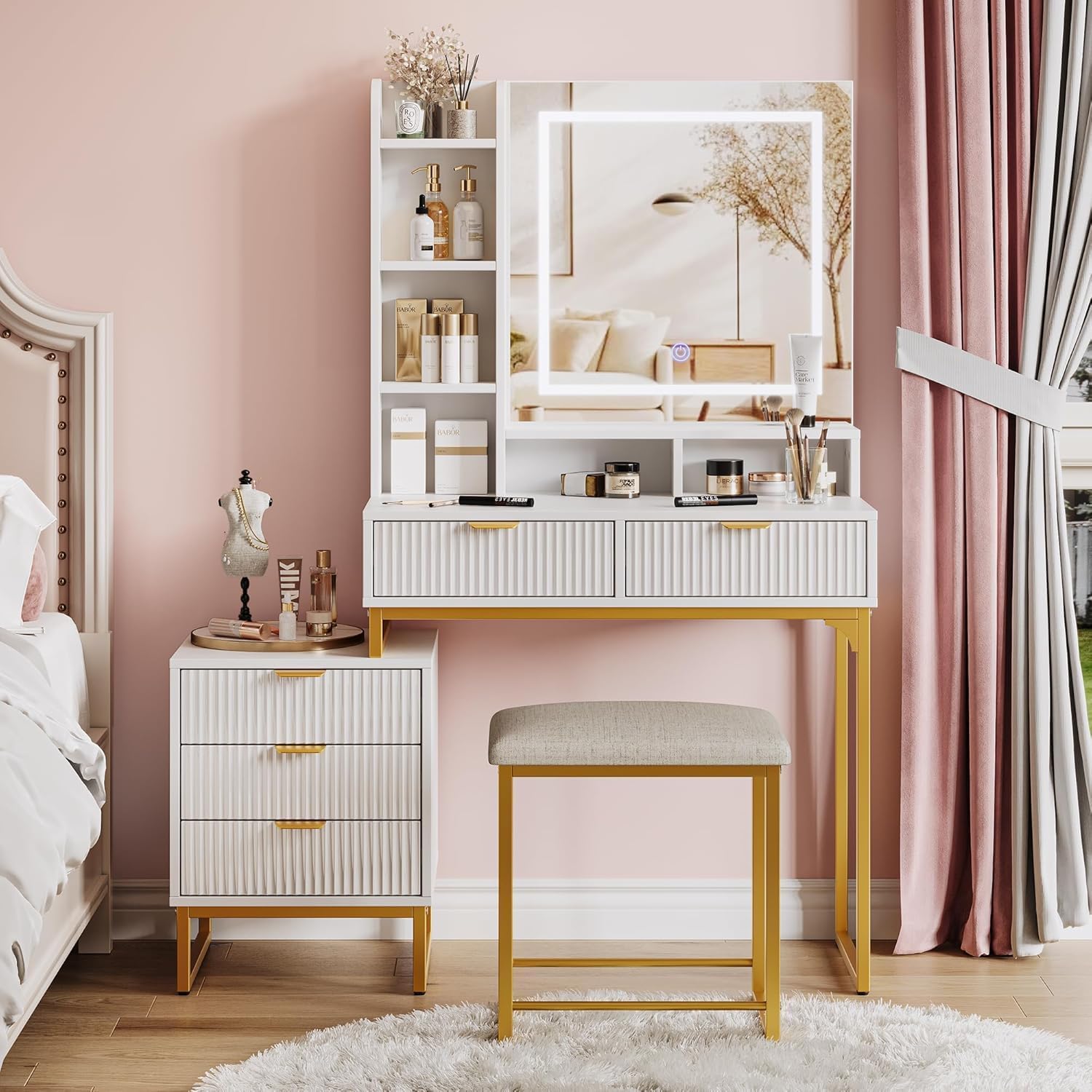 Photo 1 of ****missinng the mirror conector******* GarveeHome Makeup Vanity Desk with Mirror and Lights, Vanity Table with 5 Drawers, Vanity Set with Stool and Removable Side Storage Cabinet for Bedroom, White & Gold