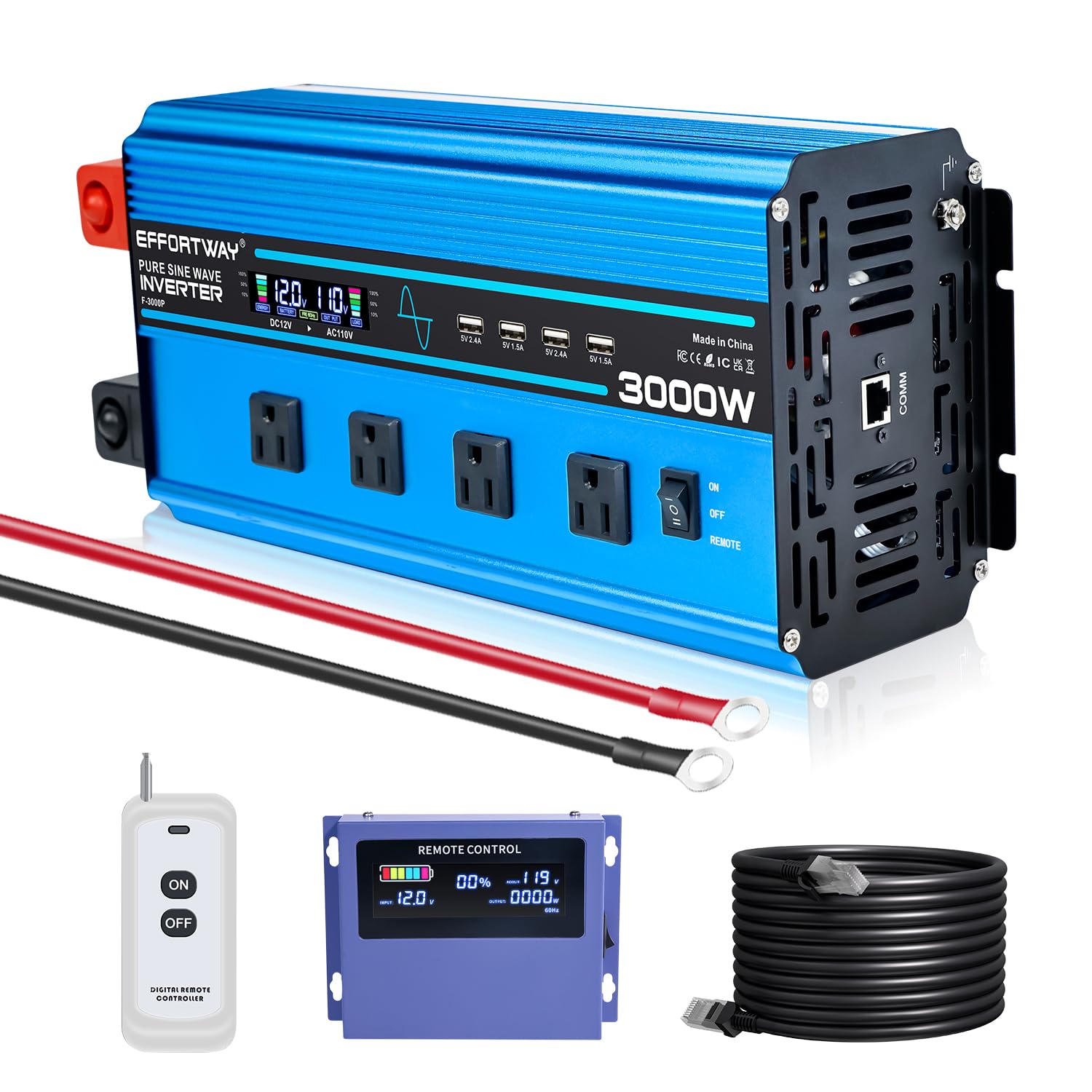 Photo 1 of 3000w Pure sine Wave Inverter DC 12V to AC 110V/120V Converter, 6000w (Peak) with LCD Display, Wireless/Wired Remote Control, 4AC outlets and 4USB.Ideal for Camping, RV Travel, Off-Grid Solar Systems