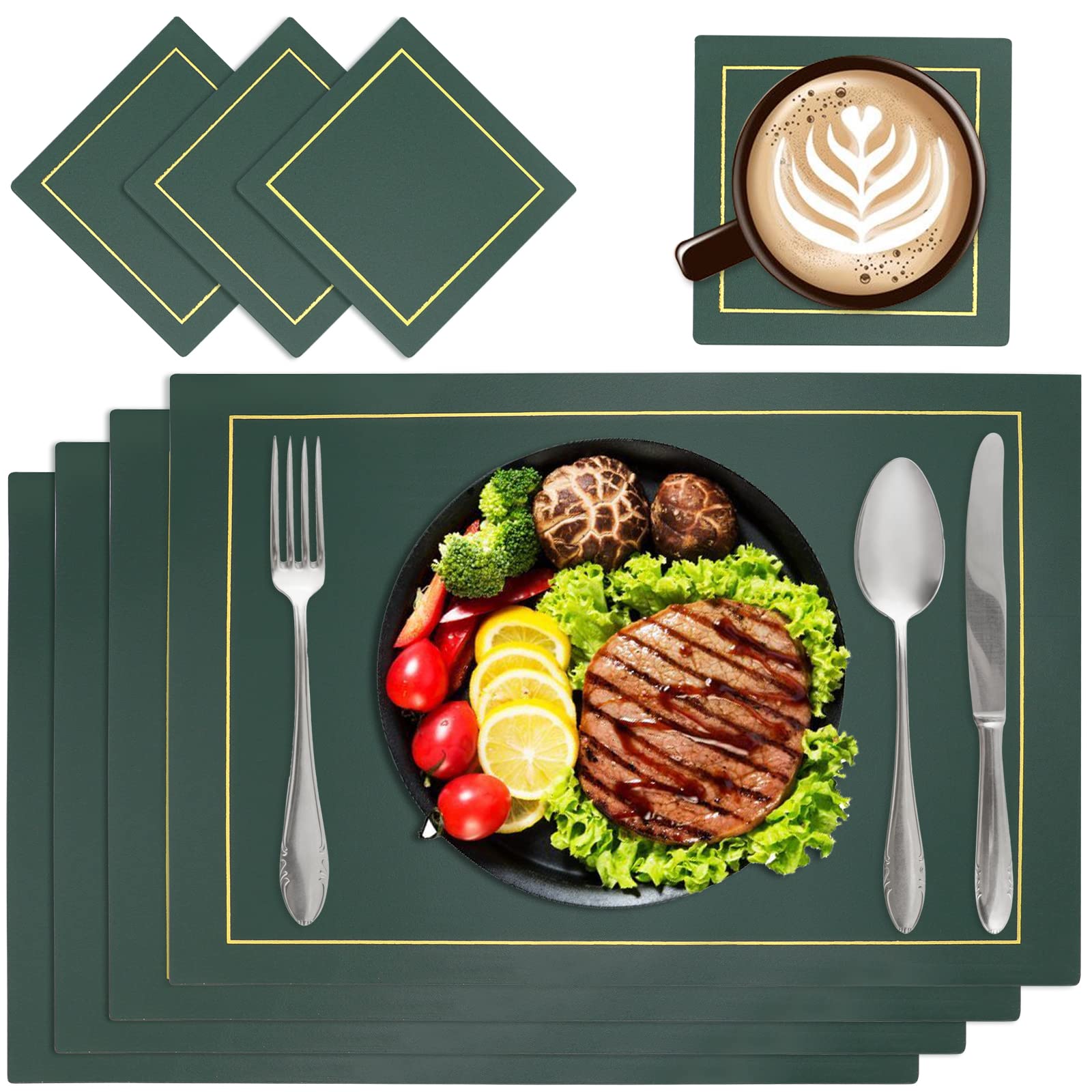 Ocves Placemats and Coasters Sets of 4, PU Leather Table Mats Heat Resistant Washable Waterproof Table Mats 43x30cm and Leather Coasters, Dinner Mats for Kitchen Dining Table Home Restaurant (Green)