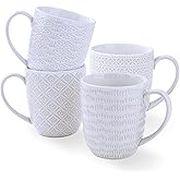 ARRADENS Embossment Coffee Mugs Set of 4, 12 oz Ceramic Coffee Cups Set, White Tea Cups with Large Handle for Latte, Cappuccino, Mocha, Cocoa, Microwave & Dishwasher Safe