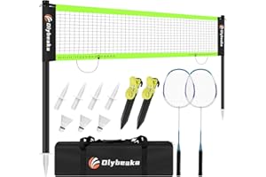 OLYBEAKA 12FT Space-Saving Badminton Net Set - Durable Anti-Sag Net, Heavy Duty Poles, 2 Lightweight Rackets, 3 Shuttlecocks, Easy-Carry Bag - Stable for Backyard/Indoor/Beach