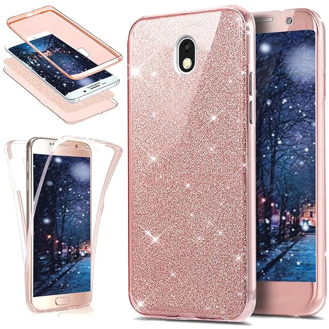 Kompatibel mit Galaxy J3 2017 Hülle Schutzhülle,Full-Body 360 Grad Bling Glänzend Glitzer Durchsichtige TPU Silikon Hülle Han