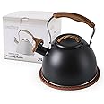 LONFFERY Tea Kettle for Stove Top, 3.2 Quart Whistling Tea Kettle, Food Grade Stainless Steel and Wood Pattern Folding Handle, Black