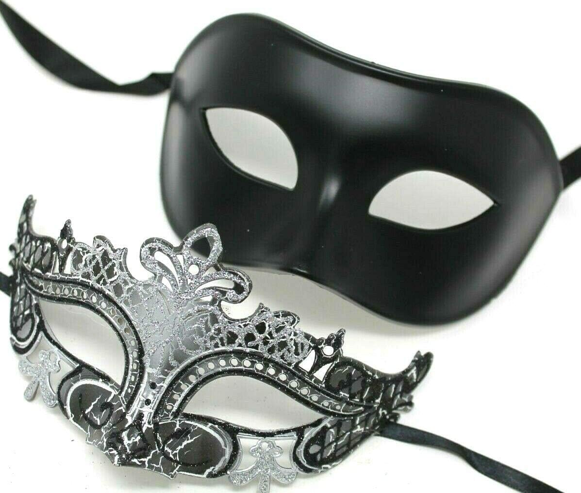 HIS N HERS PAIR OF CO-ORDINATED SILVER & BLACK COUPLES VENETIAN MASQUERADE CARNIVAL PARTY BALL EYE MASKS, Silver Black, 8cm deep - Image 5