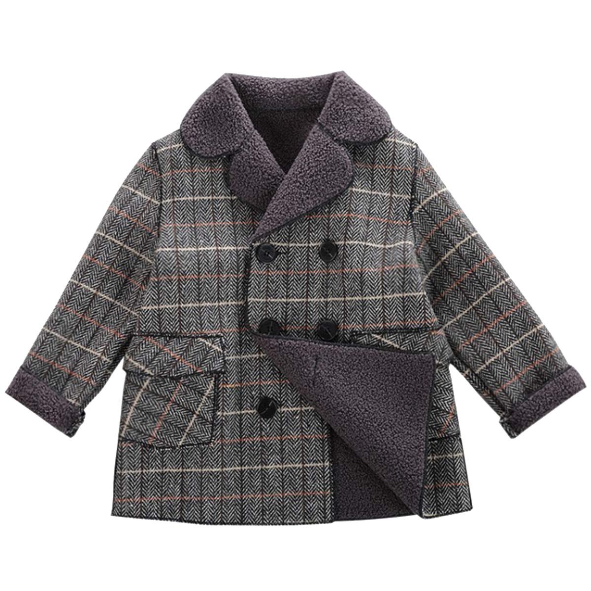Photo 1 of amropi Boy's Pea Coat Faux Wool Double Breasted Trench Jacket Warm Plaid Peacoat Grey Plaid, 2-3 Years