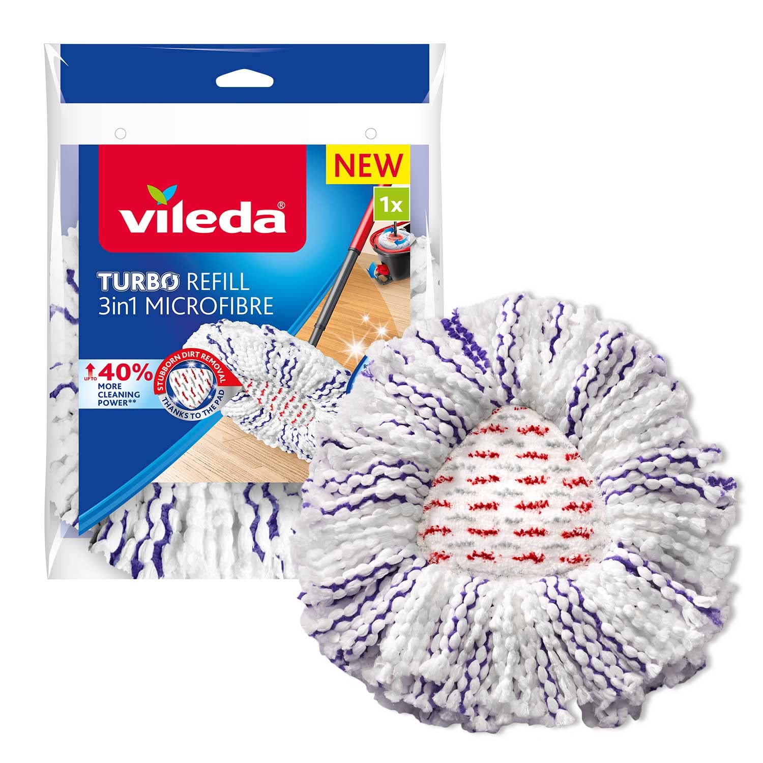Vileda Turbo 3in1 mop refill | pack of 1| suitable for all Vileda spin mop systems | +40% more cleaning power** | for hard floor surfaces | removes over 99% of bacteria with just water*