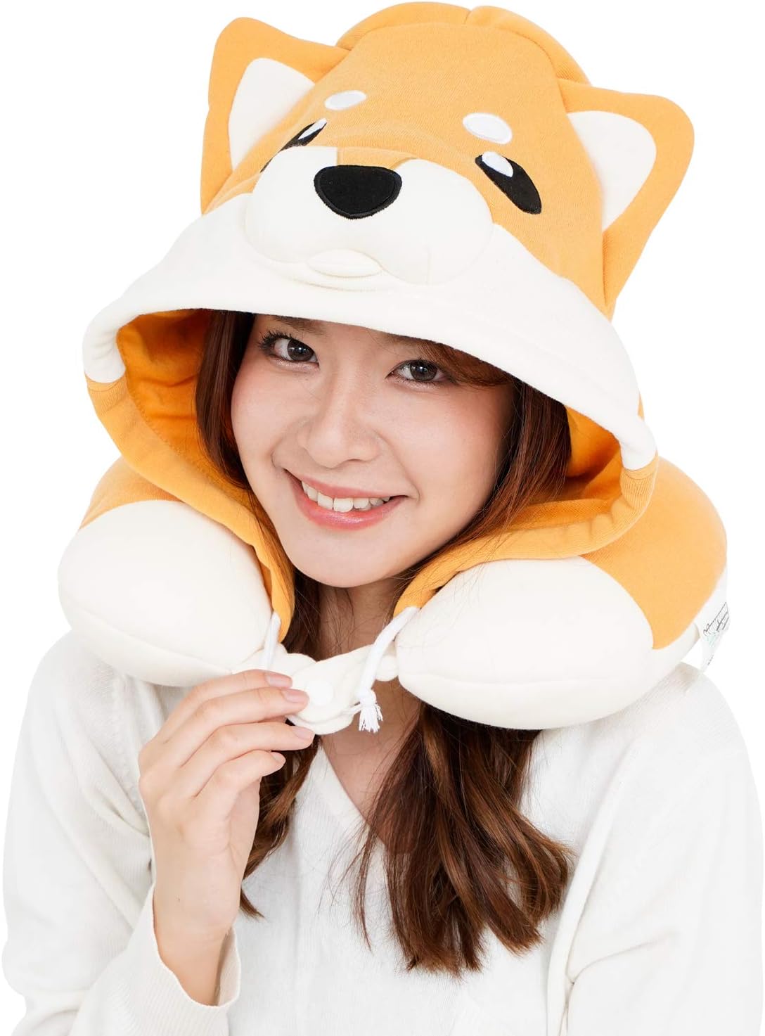 SAZAC Animal Neck Support Pillow - Soft, Cozy Travel Cushion with Adjustable Toggle - Attached Hood for Warmth and Privacy - Authentic Japanese Kawaii Design - Premium Quality (Shiba Inu Dog)