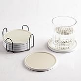 Hoomey Set of 6 Beige Coasters with Holder, Absorbent Ceramic Drink Coasters with Cork Backing for Table Protection, Table Decor, Housewarming Gifts