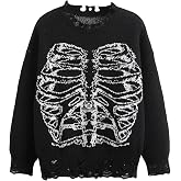 SHENHE Women's Oversized Skeleton Pattern Ripped Sweater Pullover | Gothic Sweater,Skull Sweaters ,Sweaters for Women,Round Neck,Skeleton Pattern