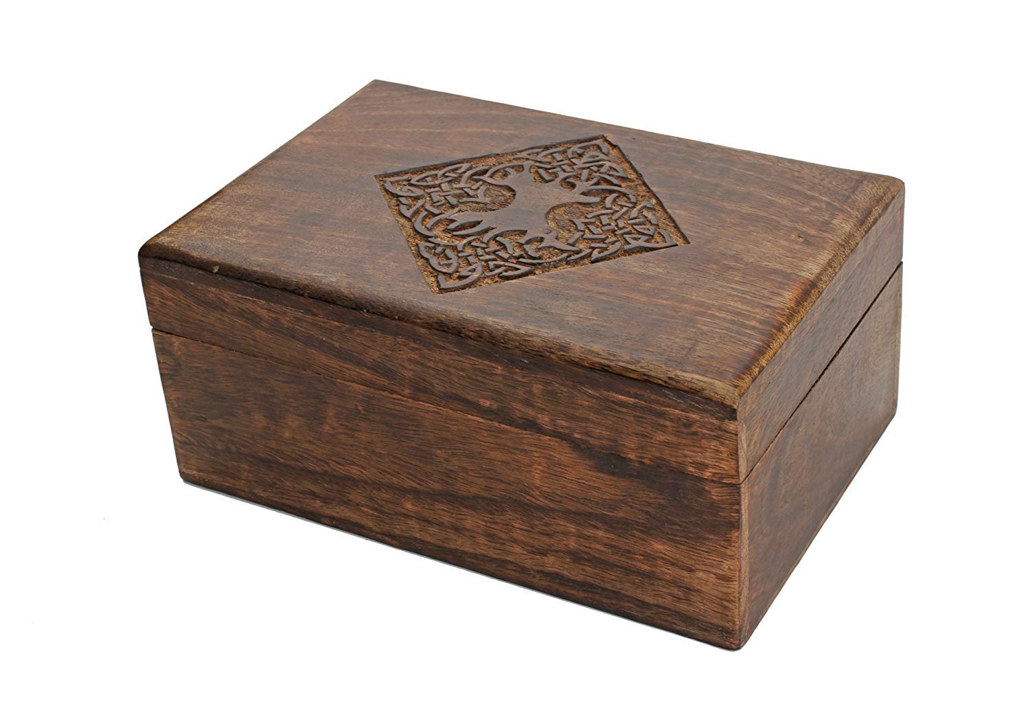 STORE INDYA Indian Handmade Country Style Wooden Jewellery Case Trinket Box Keepsake Storage Organiser With Hand Carved Celtic Design 20x13cm