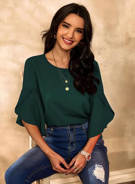 WOMENS SUMMER TOPS RUFFLE SLEEVE BOAT NECK PLAIN SHIRTS LOOSE FIT FLOWY BLOUSES GREEN