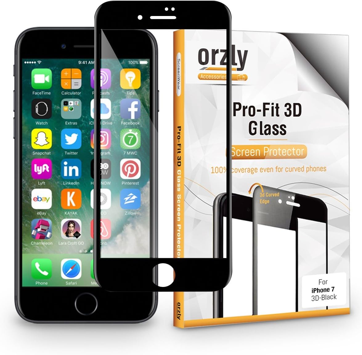 Orzly iPhone 7 Screen Protector, 3D Pro-Fit Tempered Glass Screen Protector [Full Screen Cover] for iPhone 7 – [3D Curved Edges for Seamless Fit] Black Rim Version