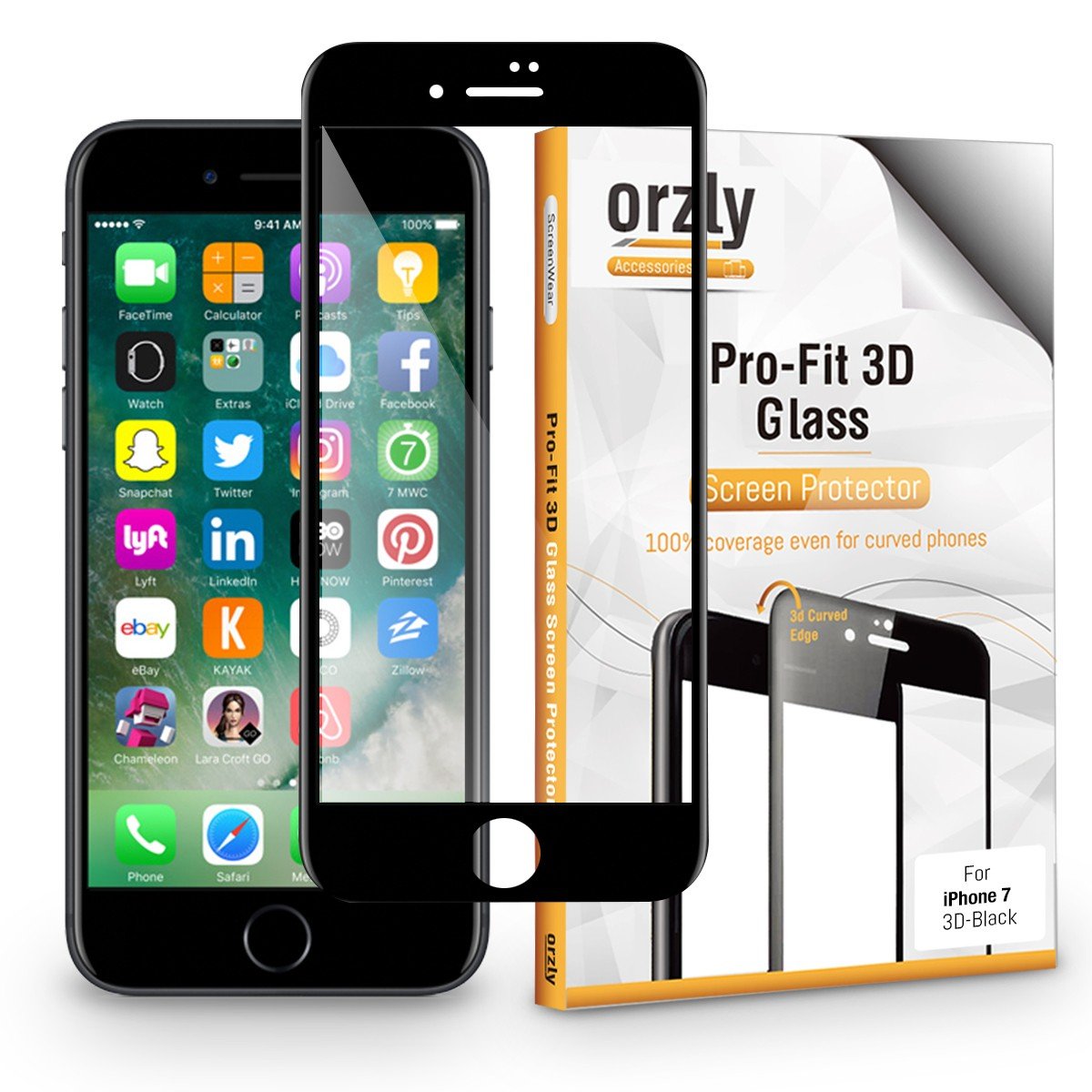 Orzly iPhone 7 Screen Protector, 3D Pro-Fit Tempered Glass Screen Protector [Full Screen Cover] for iPhone 7 – [3D Curved Edges for Seamless Fit] Black Rim Version
