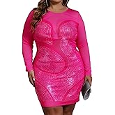 IyMoo Womens Sexy Plus Size Long Sleeve Rhinestone Mesh See Through Bodycon Party Club Mini Dress Clubwear