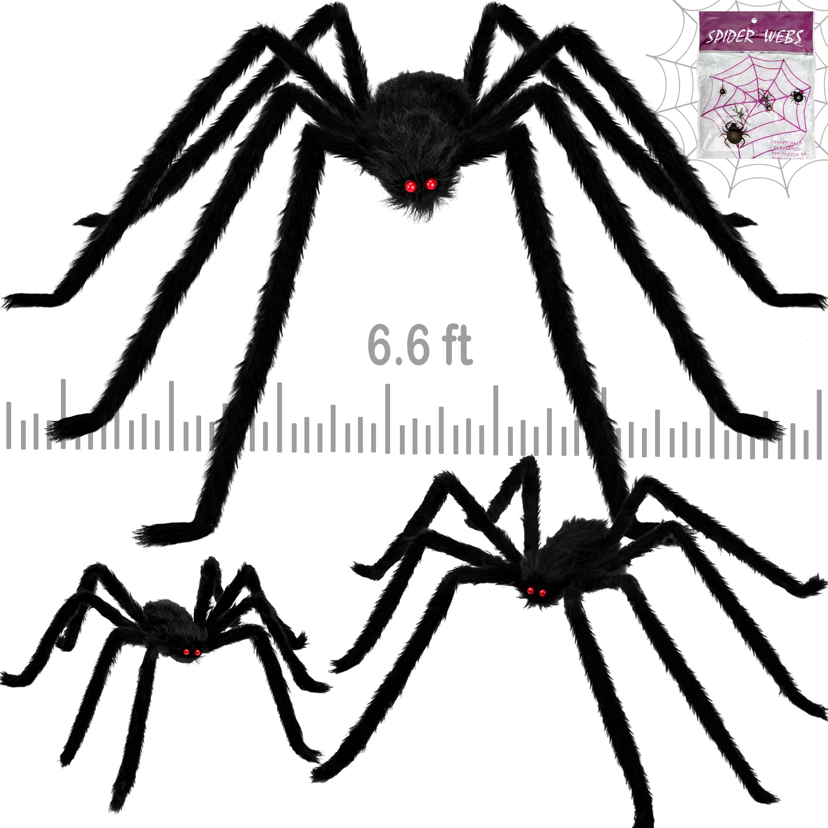 Photo 1 of Colovis 3 Pack Halloween Giant Spider Decoration Set, Realistic 6.6FT/5FT/3FT Large Scary Black Hairy Spider Props for Indoor, Outdoor Yard, Party, Haunted House Decor