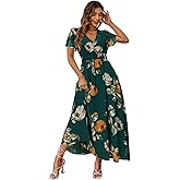 Simplee Women's Boho Floral Maxi Dress Flowy Casual V Neck Short Sleeve Wedding Guest Holiday Beach Long Dress