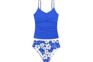 Aulyffo Girls Swimsuit 2 Piece Bathing Suit Criss Cross Ruched Girl Tankini Sets Printed Girls' Swimwear for 9-18 Years