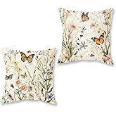 HOMFREEST Spring Throw Pillow Covers 18x18 Inch Set of 2 Farmhouse Wildflowers Butterfly Decorative Pillowcases Floral Summer Outdoor Cushion Case for Sofa Couch Home