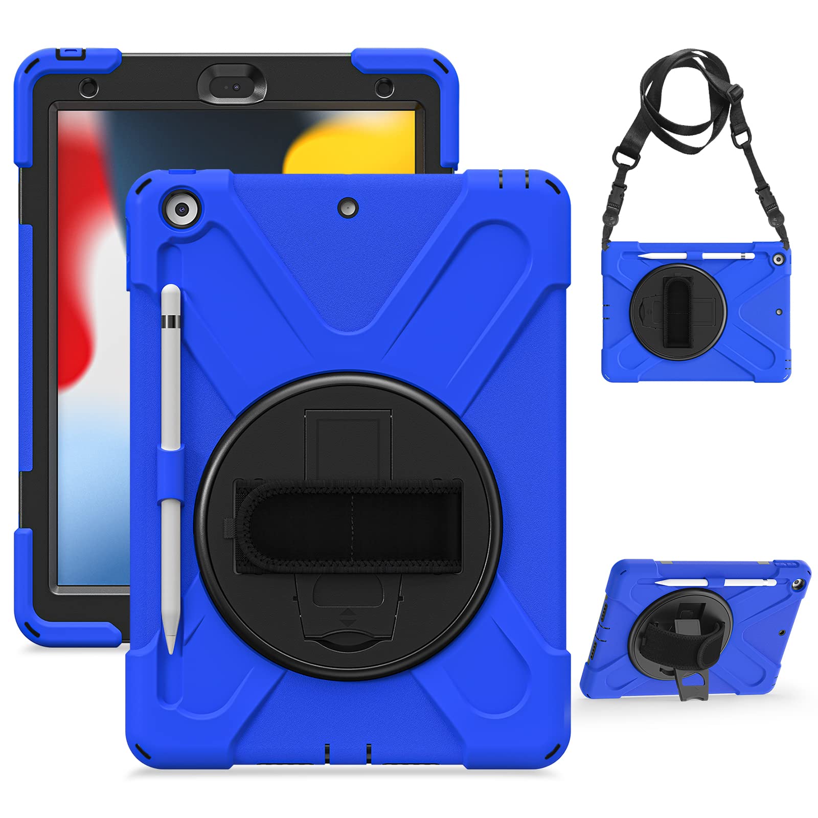 Gerutek Case for iPad 9th /8th /7th Generation Shockproof, Heavy Duty Rugged Cover with [360 Rotating Stand/Hand Strap, Shoulder Strap] [Pencil Holder] Resistant Case for 10.2 inch iPad Cover, Blue