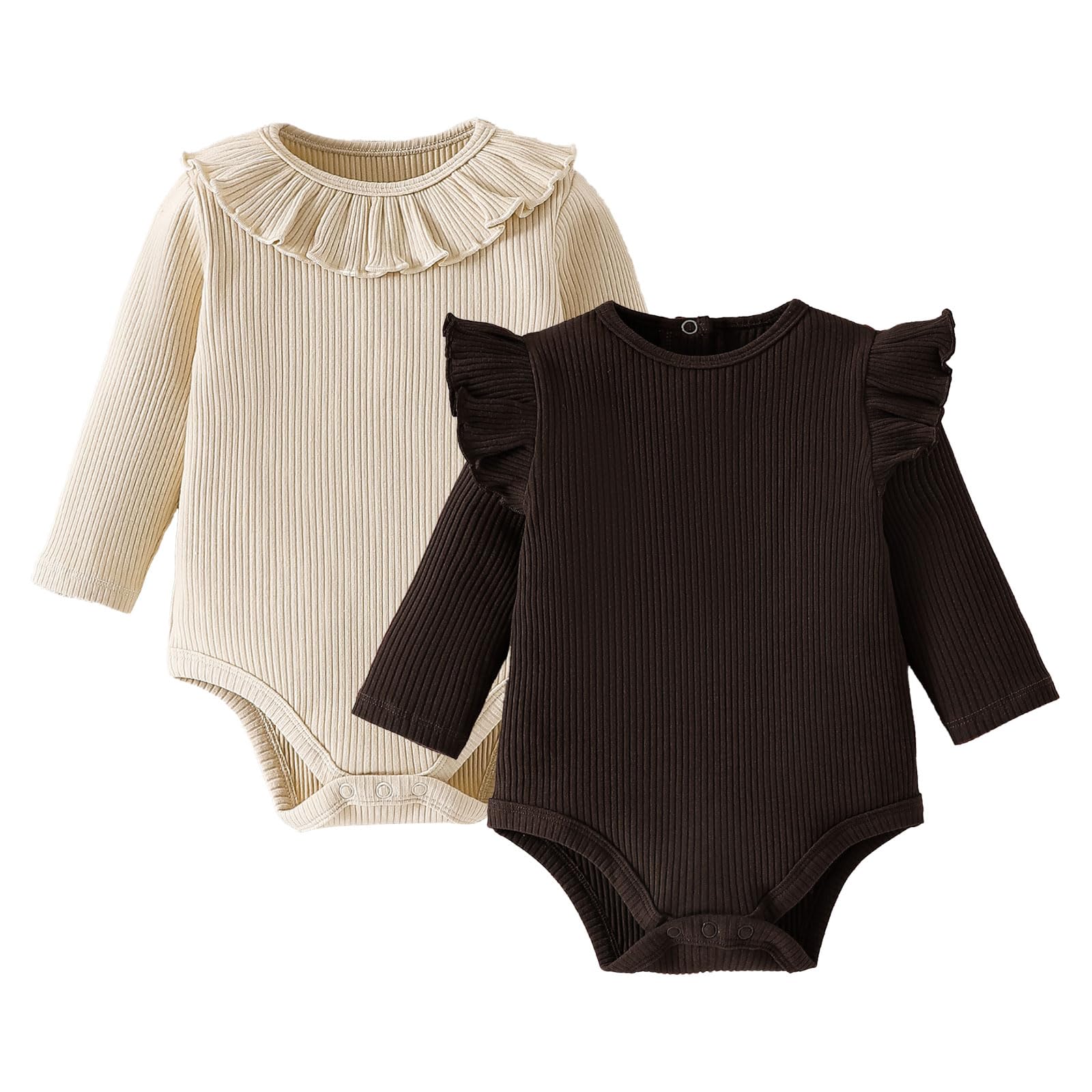 Photo 1 of **ONE ONLY** ROMPERINBOX Baby Girl Bodysuit, Long Sleeve Ribbed Knitted Onsies Ruffle Collar and Flutter Sleeve Fall Winter Clothes(Brown, 3-6M)