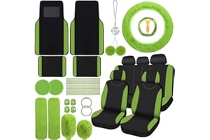 Woanger 47 Car Seat Cover Full Set for Women Included Car Front Rear Seat Fluffy Steering Wheel Cover Belt Automotive Floor Mats Air Conditioner Decoration Strip Universal(Green)