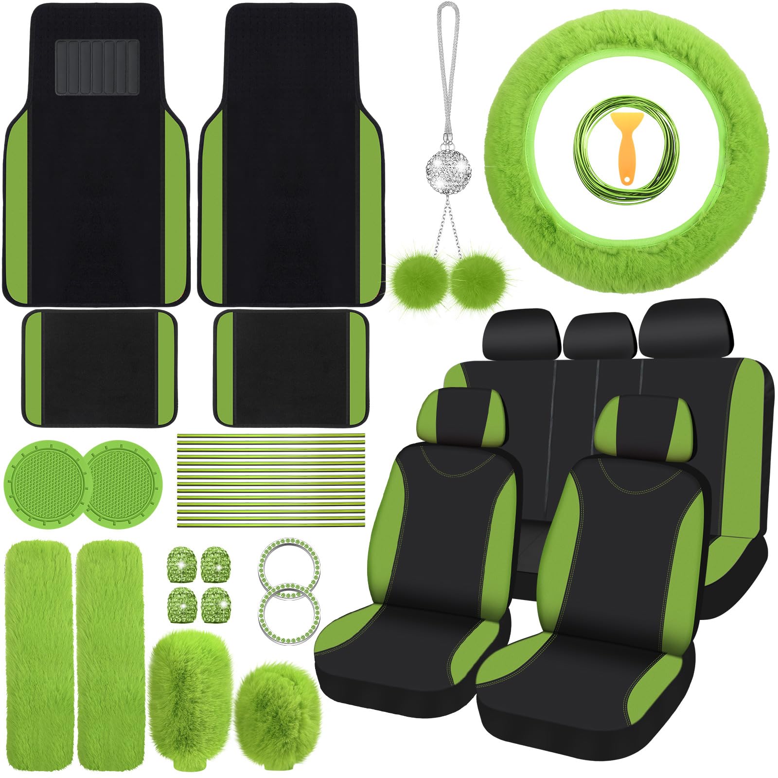 Photo 1 of Woanger 47 Car Seat Cover Full Set for Women Included Car Front Rear Seat Fluffy Steering Wheel Cover Belt Automotive Floor Mats Air Conditioner Decoration Strip Universal(Green)