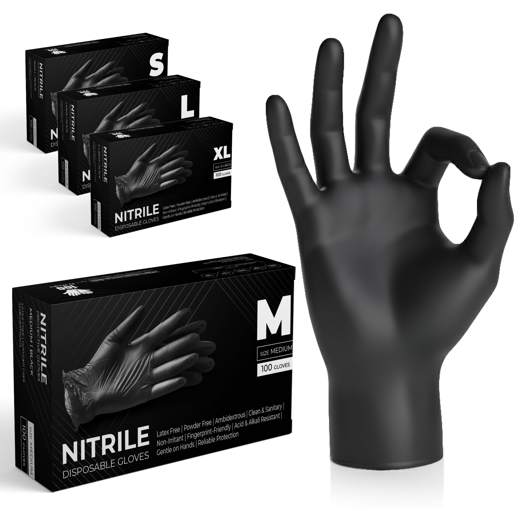 The Real Touch Black Nitrile Multi-Purpose Disposable Gloves, Powder Free, Disposable, Extra Strong - Box of 100 (Black, Med)