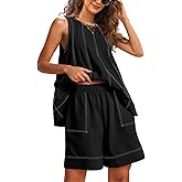 Gozoloma Womens 2 Piece Outfits Sleeveless Matching Sets A Line Tank Tops Contrast Stitching High Waist Shorts with Pockets