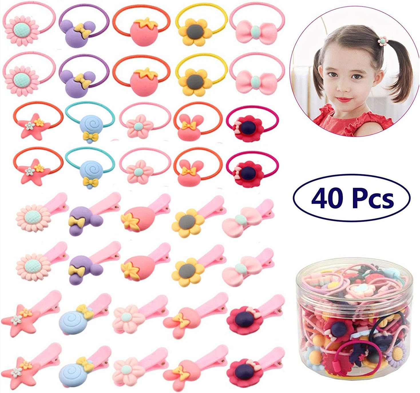 mciskin 40PCS Cute Baby Girls Hair Bow Elastic Ties+Hair Clips,Mini Bow Hair Elastics Band+Hair Clips