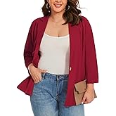 LADI TREND Womens Plus Size Blazer Jacket Business Casual 3/4 Ruched Sleeve Button Open Front Notch Lapel Blazers Pocket