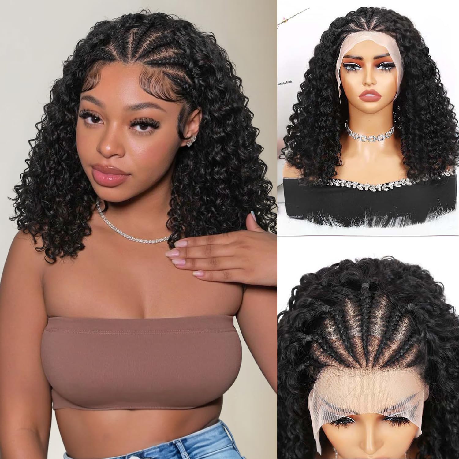 Photo 1 of Quantum Love Braided Wigs for Black Women Braids Cornrows Lace Curly Wigs 16 Inch Lace Frontal Braided Fully Curly Bob Synthetic Glueless Wig