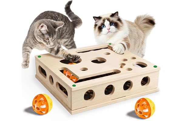 Cat Scratch Puzzle Box, Khaki Wooden Enrichment Box with Built-in Sandpaper Scratcher, Interactive Cat Nail File Toy for Indo