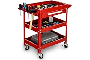 ERGOMASTER 3 Tier Rolling Tool Cart Heavy Duty Metal Frame for Garage Industrial Service Cart with Drawer & Organizer Shelf Tool Cabinet Chest Organizer (Red, 3-Tier)