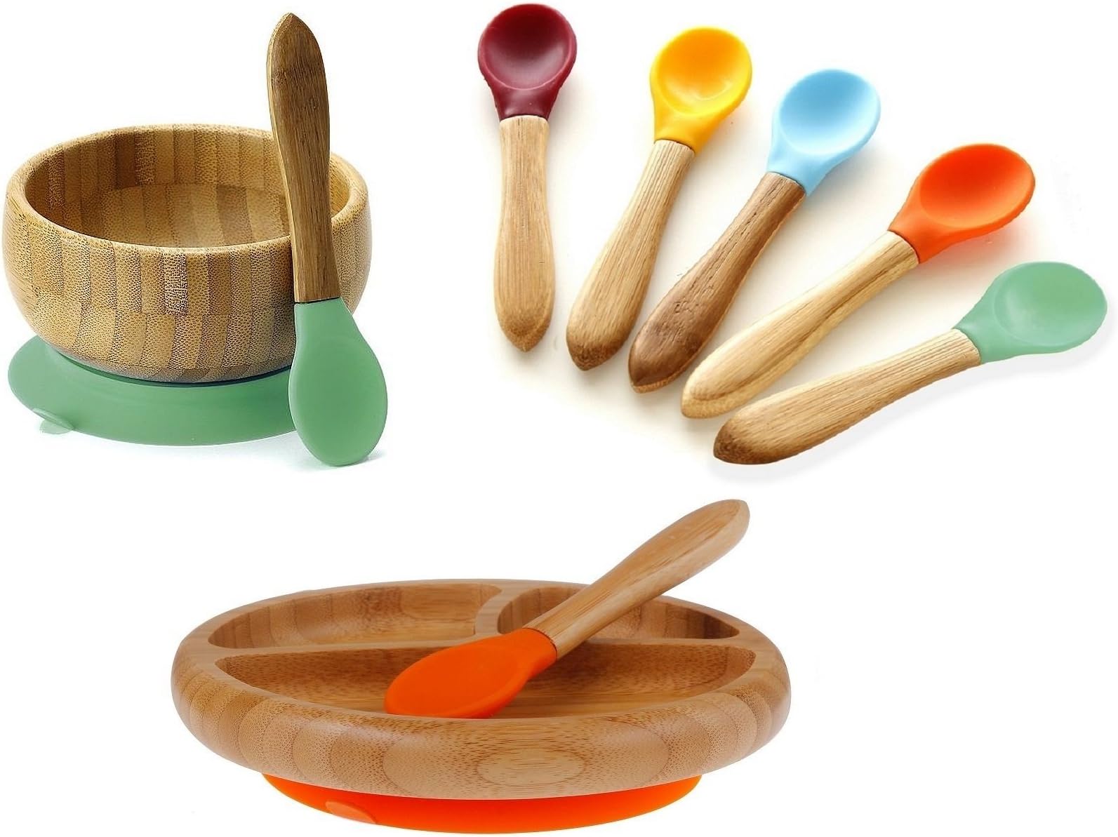 AvanchyMix & Match Organic - Bamboo Baby Gift Set. Bamboo Baby Bowl + Bamboo Baby Divided Plate + 5 Assorted Spoons Set. Great for Baby Boy, Baby Girl, Unisex (Green Bowl/Orange Plate)