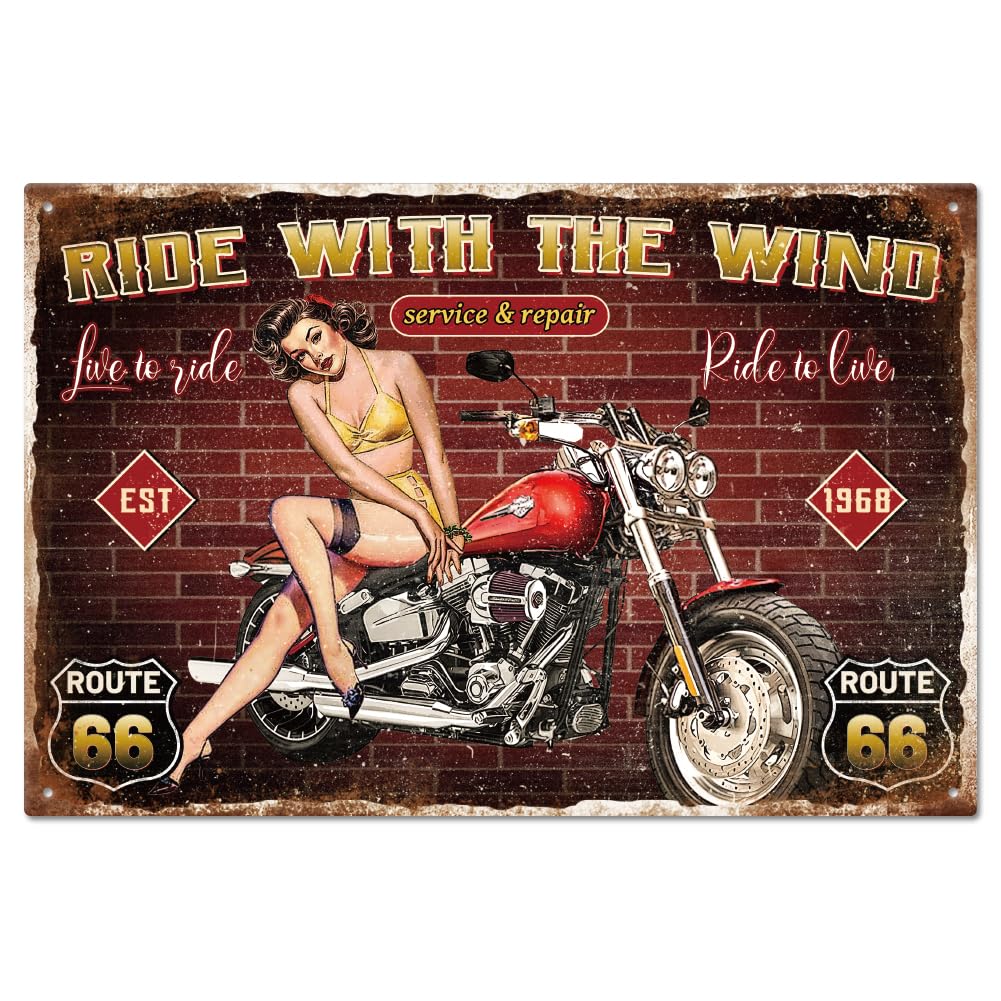GLOBLELAND "Ride With The Wind" Metal Garage Motorcycle Woman Tin Sign for Garage Signs 12x8in/30x20cm Garden Signs Art Plaque Poster Wall Decor for Home Kitchen Bar Club Coffee Shop Orchard
