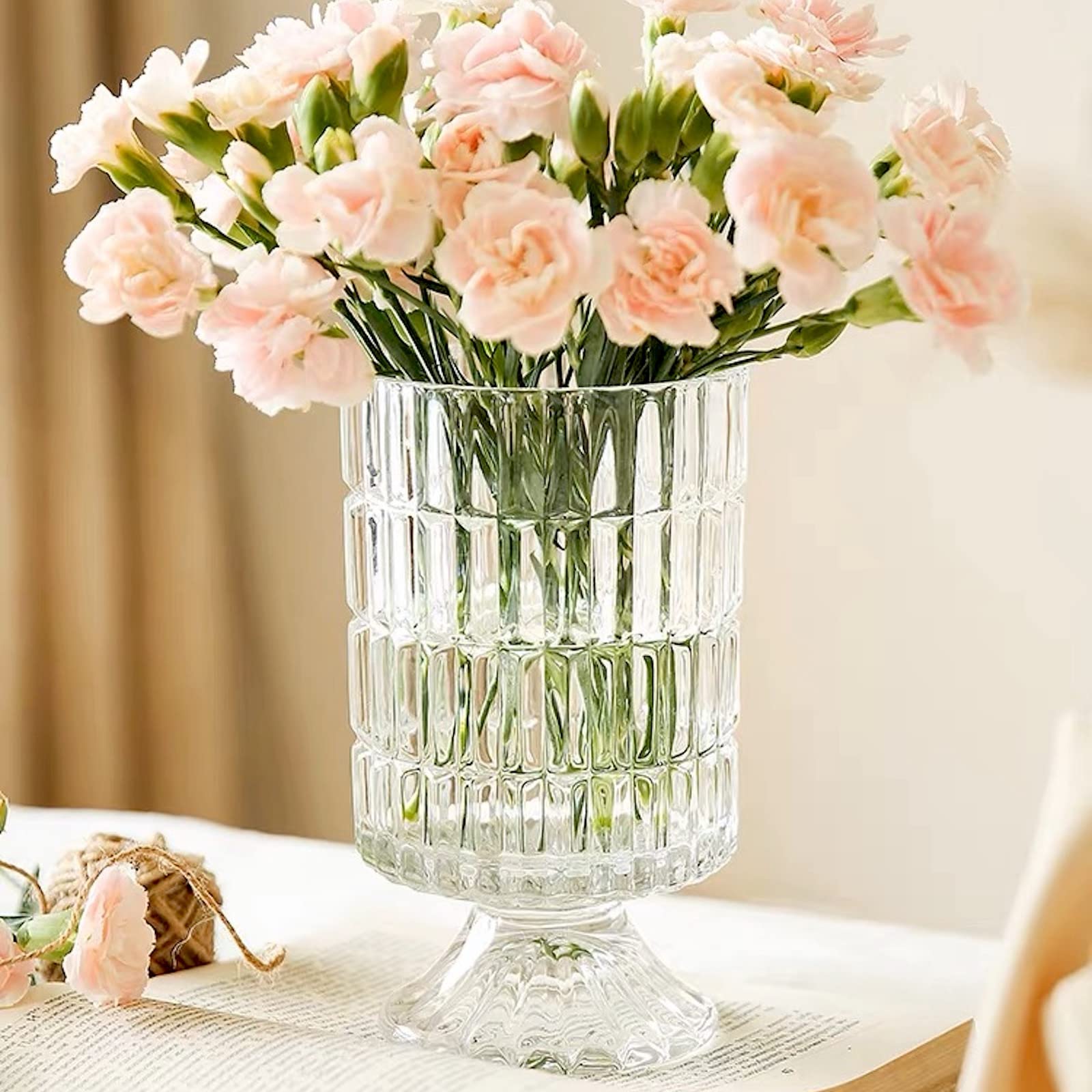 Photo 1 of BLOFLO Embossed Glass Vase, 7'' Crystal Glass Vases, Pedestal Big Base Glass Bouquet Vase, Hydroponic Glass Transparent Vase for Home Office Wedding Dining Table Party (Ribbed Pattern)