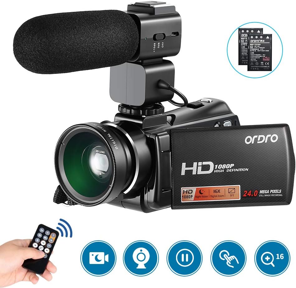 Camcorder Full HD, ORDRO V7-Plus Handy Camera HD 1080P Video Camera Recorder IR Night Vision Digital Cameras with Microphone and Wide Angle Lens Camcorders for YouTube Vlogging Recording