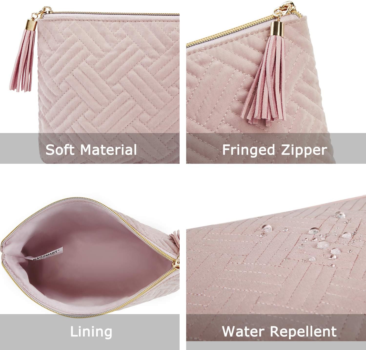 Cosmetic Bag for Women, BAGSMART 2 Pcs Small Makeup Bag for Purse Travel Cosmetic Pouch for Makeup Brushes Lipsticks Electonic Accessories, Pink+Black