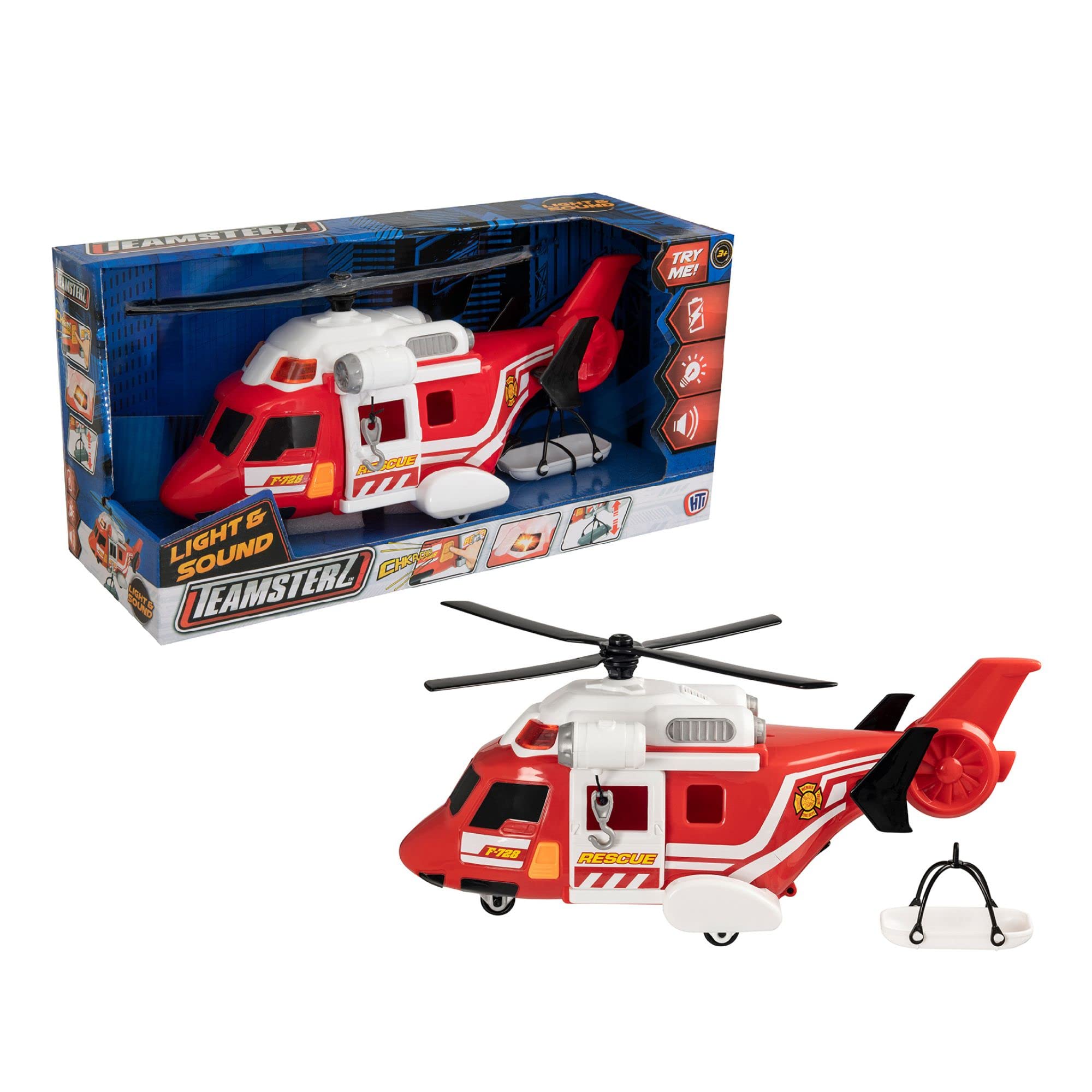 Teamsterz Mighty Machines Medium Fire Helicopter Toy | Lights & Sounds Emergency Vehicle | Firefighter Rescue with Winch & Stretcher | Educational Playset for Kids | Ages 3+