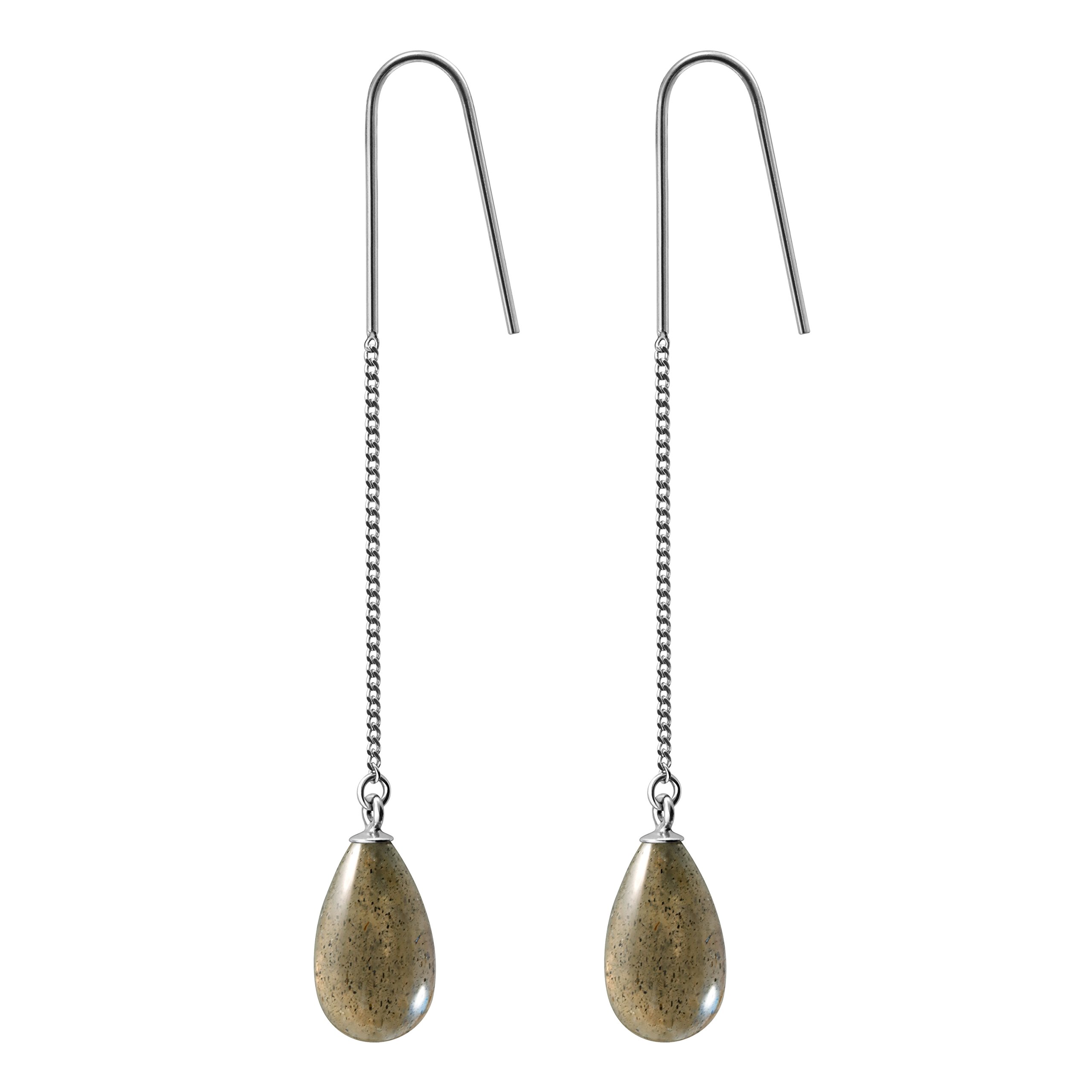 Franki Baker Sterling Silver Long Chain Drop Dangle Madagascan Labradorite Earrings: 6.6cm