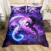 Dragon Duvet Cover Set Queen Size,Nebula Star Bedding Set Kids Teens Couple Adults Room Decor,Western Magical Wildlife Comforter Cover 3Pcs,Animal Purple Bedspreads Cover,2 Pillowcases(NO Comforter)