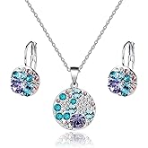 EVEVIC Austrian Crystals Round Disc Pendant Necklace Earrings for Women 14K Gold Plated Hypoallergenic Jewelry Sets