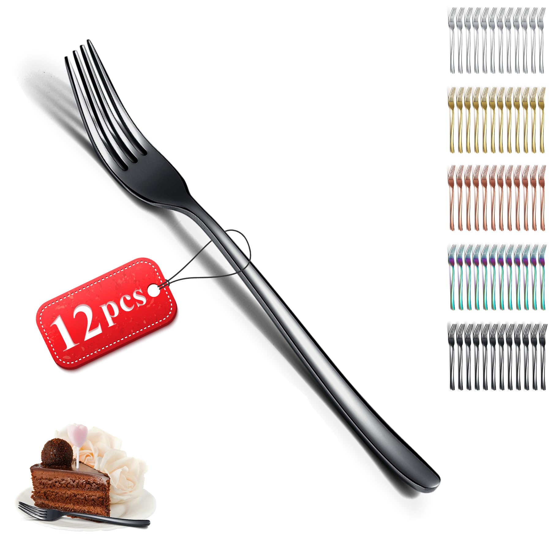 Kyraton Black Dinner Forks Set of 12 Pieces, 20.5cm Black Titanium Plating Stainless Steel Table Forks Cutlery Set for Home, Restaurant, Hotel, Dishwasher Safe