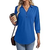 TICTICMISS Women's V Neck Polo Shirts 3/4 Length Sleeve Tops Collared Business Casual Summer Blouses